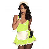 Cute PVC Maid Servant Costume Set Sissy French Dress PU leather Cosplay Fancy Dress Exotic Lolita Uniform With Apron Gloves