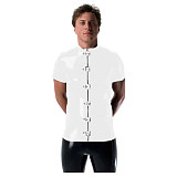 Gothic Punk Mens Latex Look T-shirt Coat Shiny PVC Leather Zipper with Buckles T-Shirts Club Costume Male Streetwear Jacket Tops