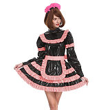 Sissy Lockable Pleated A-line Maid Dress Glossy PVC Leather Turtleneck Frills Apron Mini Maid Dress Servant Role Play Outfits