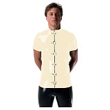 Gothic Punk Mens Latex Look T-shirt Coat Shiny PVC Leather Zipper with Buckles T-Shirts Club Costume Male Streetwear Jacket Tops