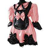 Lolita Peter Pan Collar Half Sleeve Black Frills Shiny PVC Maid Dress Unique Vinyl Glossy Leather Maid Fancy Cosplay Costume Set