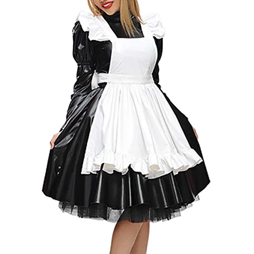 19 Colors Matte Maid Dress High Neck Long Sleeve Vestido Gothic Tutu Dress Lady A-line Pleated Dress Vintage Cosplay Uniform