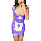 Tank Scoop Neck Sexy Nurse Dress Glossy PVC Halloween Cosplay Costumes Sleeveless Pencil Mini Dress with Apron Nurse Lingerie