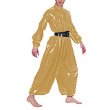 Mens PVC Shiny Loose Jumpsuit Sexy Oversized One-piece Bloomer Rompers Male Mock Neck Long Puff Sleeve Wet Look Body Suit Zentai