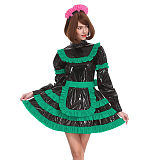 Sissy Lockable Pleated A-line Maid Dress Glossy PVC Leather Turtleneck Frills Apron Mini Maid Dress Servant Role Play Outfits