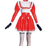 Sexy  Maid Dress Rubber Wet Look PVC Faux Sailor Japanese School Students Clothes with Trim Bow Back Zip Pleated Clubwear