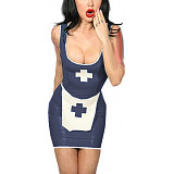 Tank Scoop Neck Sexy Nurse Dress Glossy PVC Halloween Cosplay Costumes Sleeveless Pencil Mini Dress with Apron Nurse Lingerie