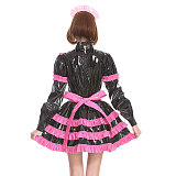 Sissy Lockable Pleated A-line Maid Dress Glossy PVC Leather Turtleneck Frills Apron Mini Maid Dress Servant Role Play Outfits
