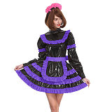Sissy Lockable Pleated A-line Maid Dress Glossy PVC Leather Turtleneck Frills Apron Mini Maid Dress Servant Role Play Outfits