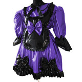 Lolita Peter Pan Collar Half Sleeve Black Frills Shiny PVC Maid Dress Unique Vinyl Glossy Leather Maid Fancy Cosplay Costume Set