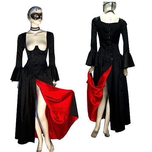Black and Red Satin Bell-Sleeve Open-Bust O Dress – Story Of O Series [G383]