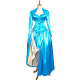 Blue Satin O Dress with Ivory Side Train and Open-Bust Jacket – Story Of O With Bra Series [G603]