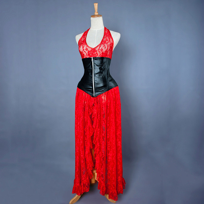Red Lace Halter O Dress with Black Faux Leather Corset – The Story Of O [G838]
