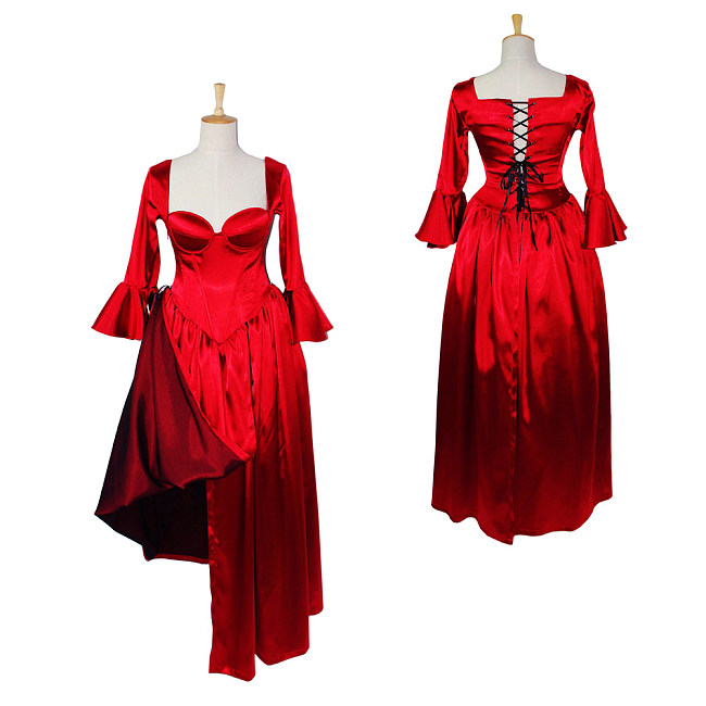 Red Satin Corset O Dress with Flared Sleeves and Draped Skirt – Story Of O With Bra Series [G610]