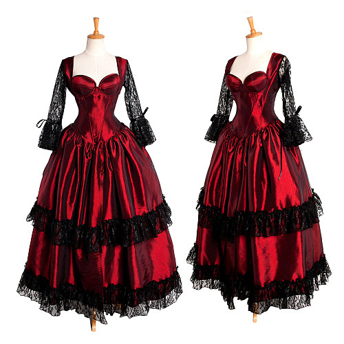 Burgundy Taffeta Gothic Ball Gown with Black Lace Sleeves – The Story Of O Series [G212]