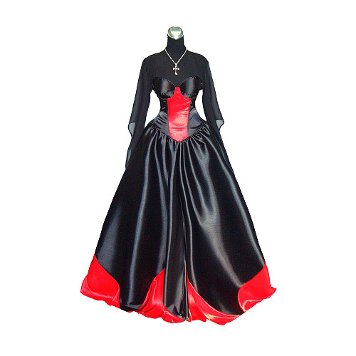 Black and Red Satin Gothic O Dress with Sheer Sleeves – Story Of O Series [G361]