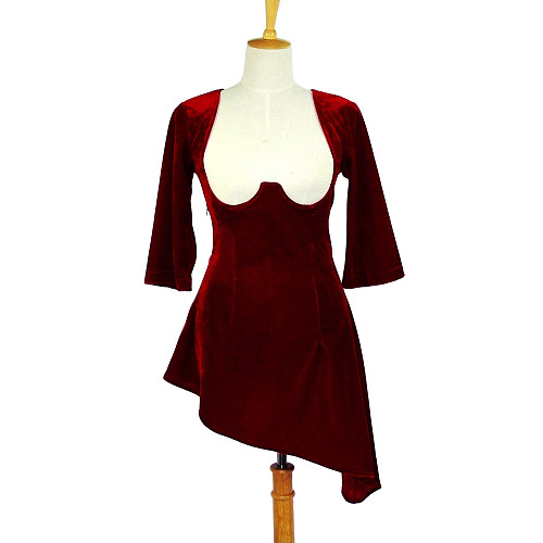 Wine Red Velvet Open-Bust Asymmetrical Mini O Dress – Story Of O nude breasted Series [G612]