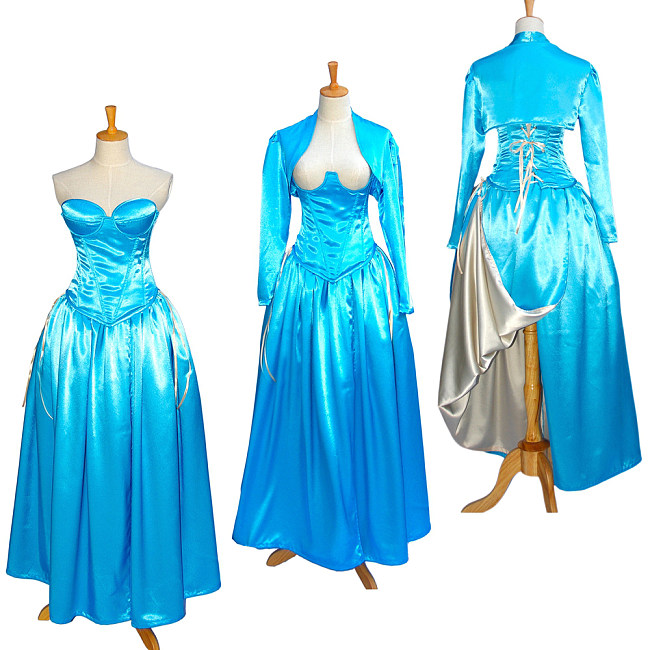 Blue Satin O Dress with Ivory Side Train and Open-Bust Jacket – Story Of O With Bra Series [G603]