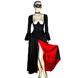 Black and Red Satin Bell-Sleeve Open-Bust O Dress – Story Of O Series [G383]