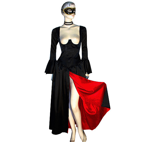 Black and Red Satin Bell-Sleeve Open-Bust O Dress – Story Of O Series [G383]