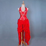 Red Lace Halter O Dress with Black Faux Leather Corset – The Story Of O [G838]