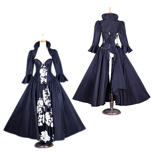 The Story Of O Dress Black Taffeta Corset Gown with White Floral Panel [G1760]