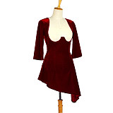 Wine Red Velvet Open-Bust Asymmetrical Mini O Dress – Story Of O nude breasted Series [G612]