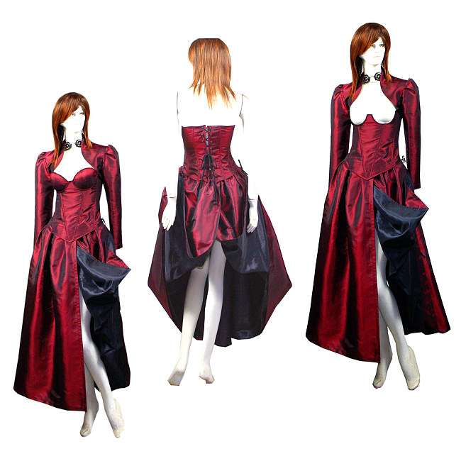 Wine Red and Black Taffeta Open-Bust O Dress with Asymmetrical Train – Story Of O Series [G430]