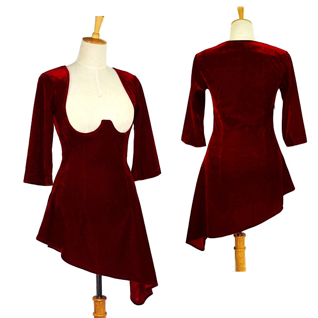 Wine Red Velvet Open-Bust Asymmetrical Mini O Dress – Story Of O nude breasted Series [G612]