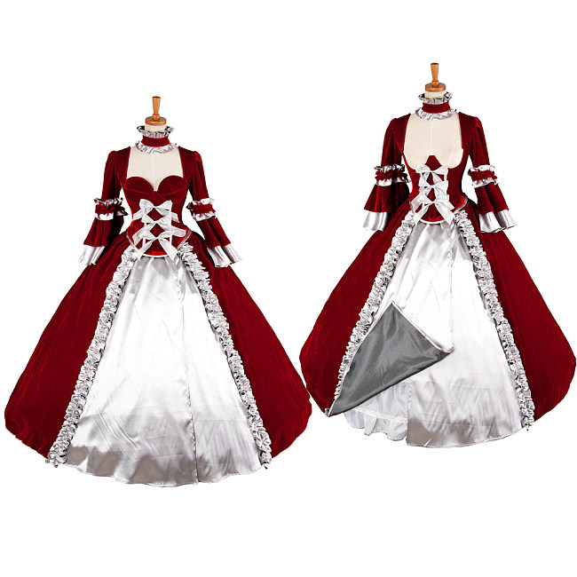The Story Of O Dress With Bra Red Velvet & Silver Satin Royal Gown [G1329]
