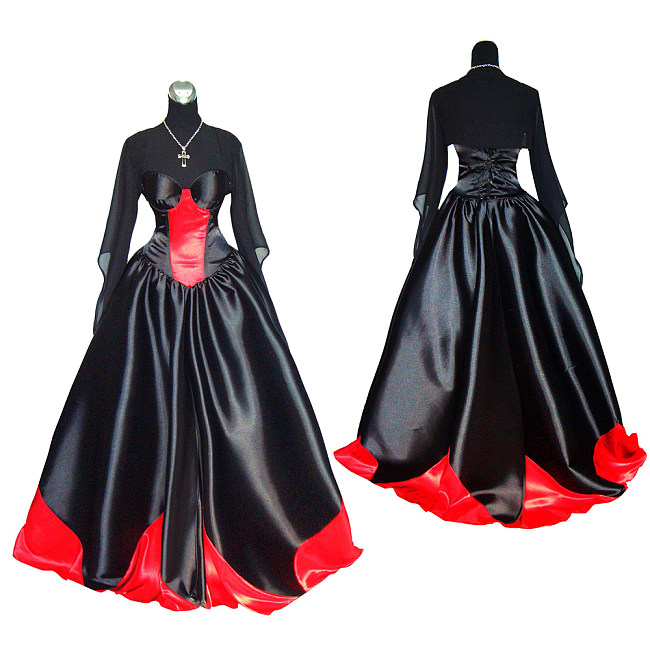 Black and Red Satin Gothic O Dress with Sheer Sleeves – Story Of O Series [G361]
