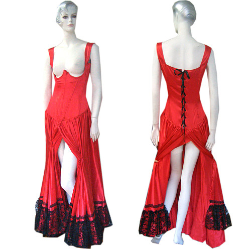 Red Satin Open Bust Gown with Black Lace Trim – The Story Of O Dress Series [G190]