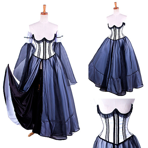 The Story Of O Dress White & Black Satin Corset Gown with Sheer Overlay [G1485]