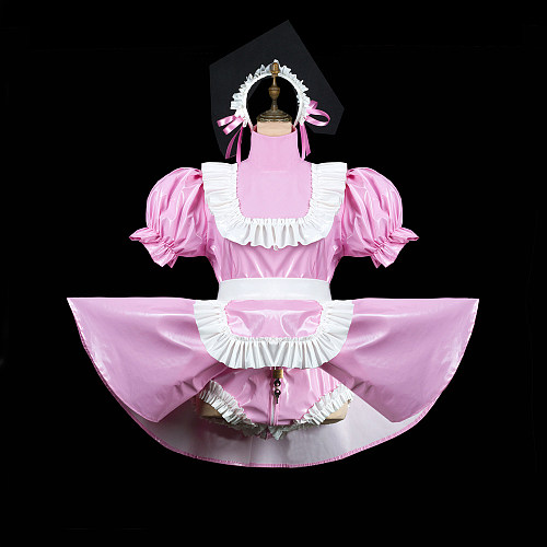 Fondcosplay Lockable Pink Thin PVC Sissy Maid Crossdressing Dress with Apron and Integrated Panties [G2418]