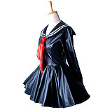School Uniform Sissy Maid Crossdressing Black Faux Leather Sailor Dress with Red Necktie [G1353]