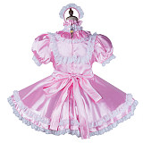Fondcosplay Lockable Pink Satin Sissy Maid Crossdressing Dress with White Lace [G2150]