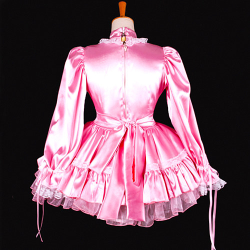 Shiny Pink Satin Sissy Maid Dress with Lockable Back – Crossdressing Outfit [G794]
