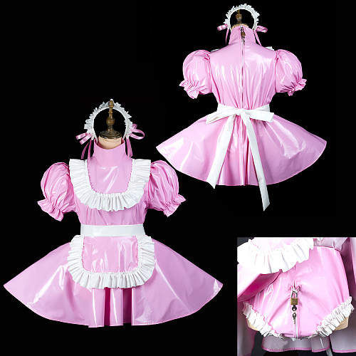 Fondcosplay Lockable Pink Thin PVC Sissy Maid Crossdressing Dress with Apron and Integrated Panties [G2418]