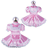 Fondcosplay Lockable Pink Satin Sissy Maid Crossdressing Dress with White Lace [G2150]