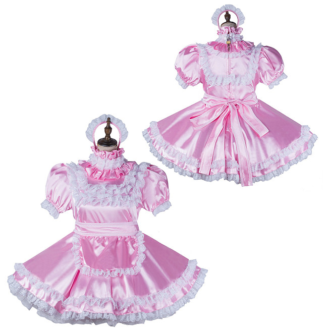 Fondcosplay Lockable Pink Satin Sissy Maid Crossdressing Dress with White Lace [G2150]