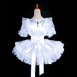 Handmade Lockable Satin Sissy Bridal Maid Dress – White Wedding Style Crossdressing Outfit [G1596]