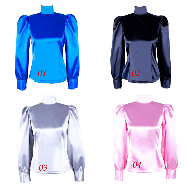 Handmade Lockable Satin Sissy Blouse – Puff Sleeve Crossdressing Top (Blue / Black / Silver / Pink) [G1597]