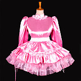 Shiny Pink Satin Sissy Maid Dress with Lockable Back – Crossdressing Outfit [G794]
