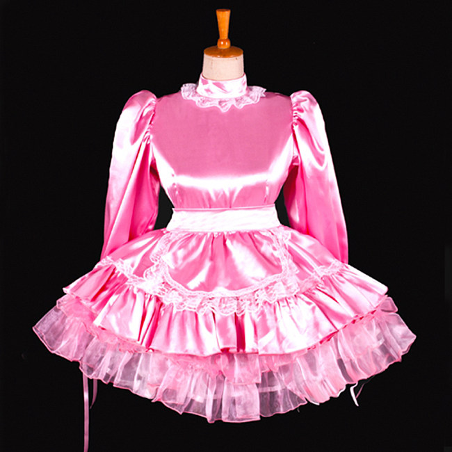 Shiny Pink Satin Sissy Maid Dress with Lockable Back – Crossdressing Outfit [G794]