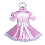Fondcosplay Lockable Sissy Maid Dress Pink & White Satin Crossdressing Outfit [G3885]
