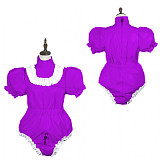 Fondcosplay Lockable Pink Thin PVC Sissy Maid Crossdressing Bodysuit with Puff Sleeves [G3779]