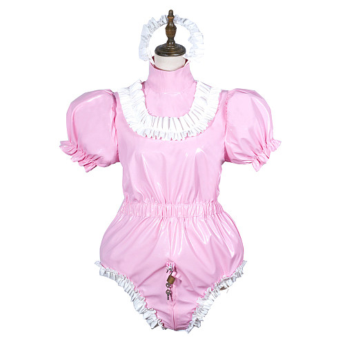 Fondcosplay Lockable Pink Thin PVC Sissy Maid Crossdressing Bodysuit with Puff Sleeves [G3779]