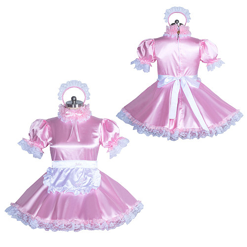 Fondcosplay Lockable Sissy Maid Dress Pink & White Satin Crossdressing Outfit [G3885]