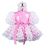 Fondcosplay Lockable Pink Thin PVC Sissy Maid Dress with Lace Ruffles and Optional Panties [G2432]