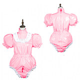 Fondcosplay Lockable Pink Thin PVC Sissy Maid Crossdressing Bodysuit with Puff Sleeves [G3779]